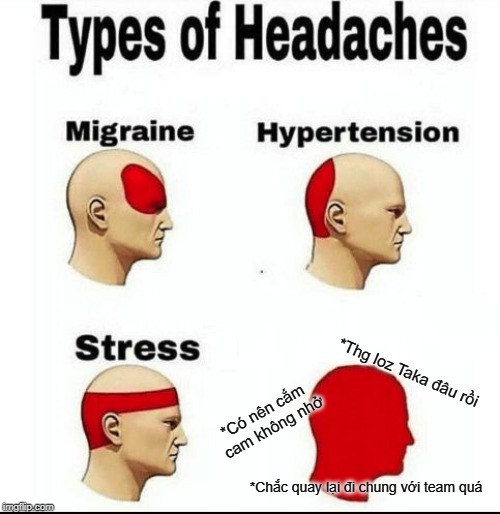 Types of Headaches meme | *Thg loz Taka đâu rồi; *Có nên cắm cam không nhở; *Chắc quay lại đi chung với team quá | image tagged in types of headaches meme | made w/ Imgflip meme maker