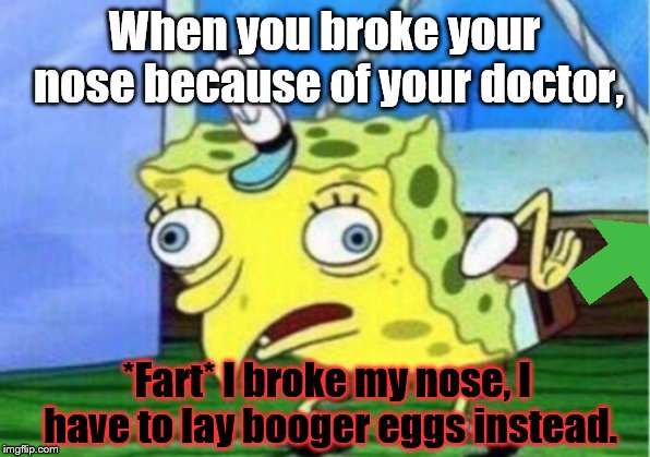 Mocking Spongebob Meme | When you broke your nose because
of your doctor, *Fart* I broke my nose, I have to lay
booger eggs instead. | image tagged in memes,mocking spongebob | made w/ Imgflip meme maker