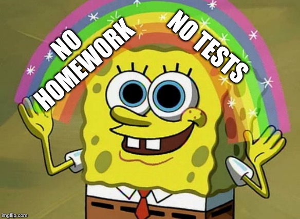 Imagination Spongebob | NO TESTS; NO HOMEWORK | image tagged in memes,imagination spongebob | made w/ Imgflip meme maker
