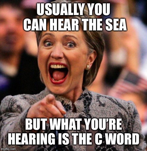 Hilarious Clinton | USUALLY YOU CAN HEAR THE SEA BUT WHAT YOU’RE HEARING IS THE C WORD | image tagged in hilarious clinton | made w/ Imgflip meme maker