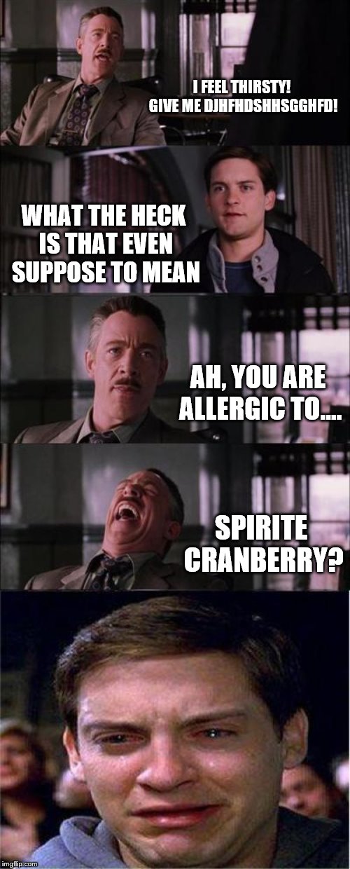 Peter Parker Cry | I FEEL THIRSTY! GIVE ME DJHFHDSHHSGGHFD! WHAT THE HECK IS THAT EVEN SUPPOSE TO MEAN; AH, YOU ARE ALLERGIC TO.... SPIRITE CRANBERRY? | image tagged in memes,peter parker cry | made w/ Imgflip meme maker