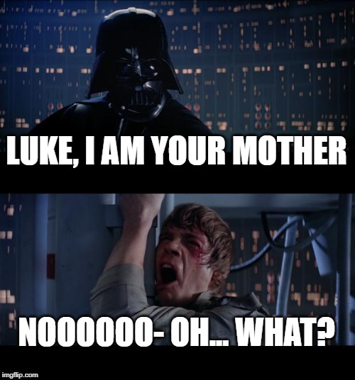 WHAT?
 | LUKE, I AM YOUR MOTHER; NOOOOOO- OH... WHAT? | image tagged in memes,star wars no | made w/ Imgflip meme maker