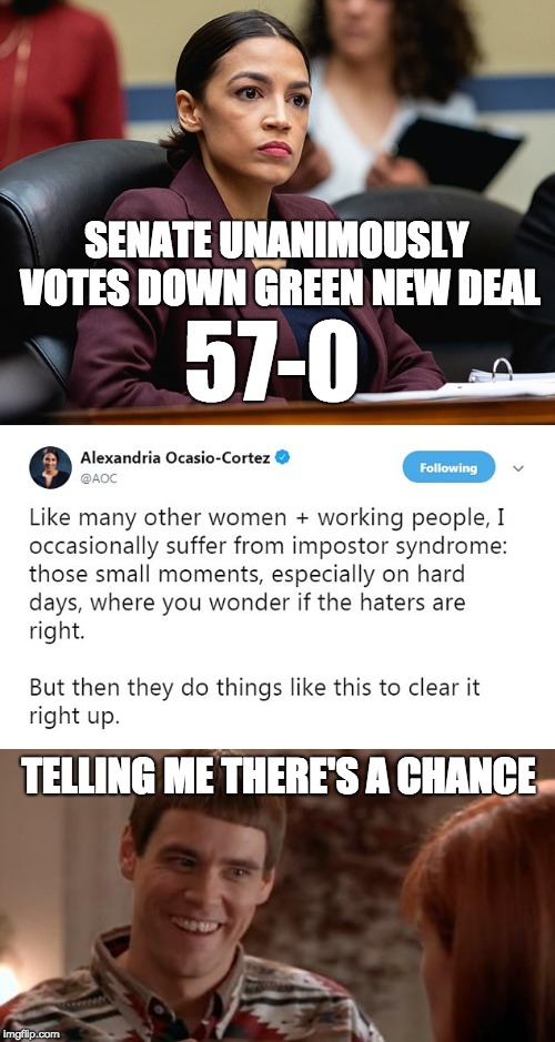 SENATE UNANIMOUSLY VOTES DOWN GREEN NEW DEAL; 57-0; TELLING ME THERE'S A CHANCE | image tagged in lloyd-so there's a chance | made w/ Imgflip meme maker
