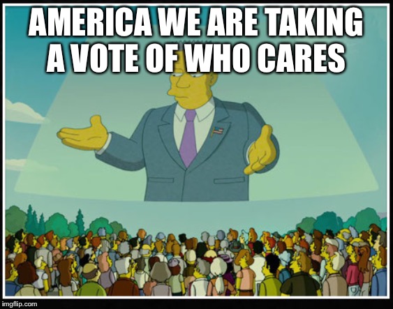 THE SIMPSONS MOVIE RUN AMUCK | AMERICA WE ARE TAKING A VOTE OF WHO CARES | image tagged in the simpsons movie run amuck | made w/ Imgflip meme maker