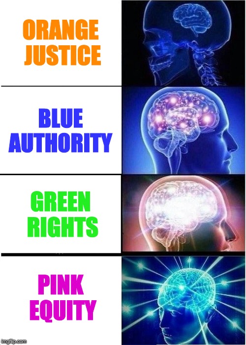 Expanding Brain Meme | ORANGE JUSTICE; BLUE AUTHORITY; GREEN RIGHTS; PINK EQUITY | image tagged in memes,expanding brain | made w/ Imgflip meme maker