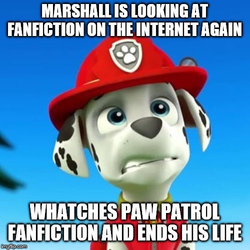 MARSHALL IS ENDING NOW AS HIS SOUL IS READY | MARSHALL IS LOOKING AT FANFICTION ON THE INTERNET AGAIN; WHATCHES PAW PATROL FANFICTION AND ENDS HIS LIFE | image tagged in cartoon,paw patrol | made w/ Imgflip meme maker