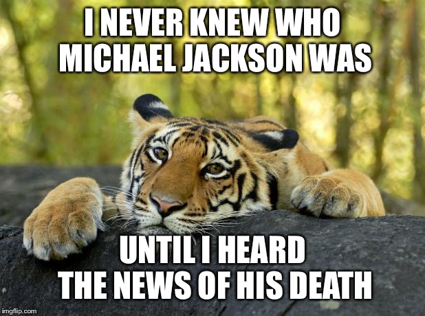 Don’t get mad at me for this | I NEVER KNEW WHO MICHAEL JACKSON WAS; UNTIL I HEARD THE NEWS OF HIS DEATH | image tagged in confession tiger | made w/ Imgflip meme maker