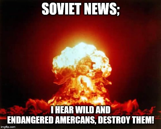 Nuclear Explosion Meme | SOVIET NEWS;; I HEAR WILD AND ENDANGERED
AMERCANS, DESTROY THEM! | image tagged in memes,nuclear explosion | made w/ Imgflip meme maker