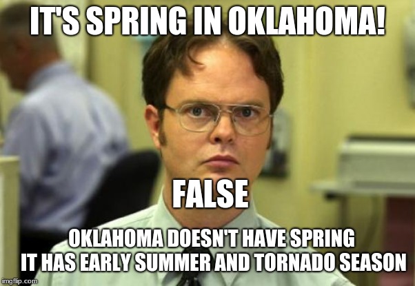 Oklahoma Weather | IT'S SPRING IN OKLAHOMA! FALSE; OKLAHOMA DOESN'T HAVE SPRING IT HAS EARLY SUMMER AND TORNADO SEASON | image tagged in memes,dwight schrute,weather,oklahoma,tornado,spring | made w/ Imgflip meme maker