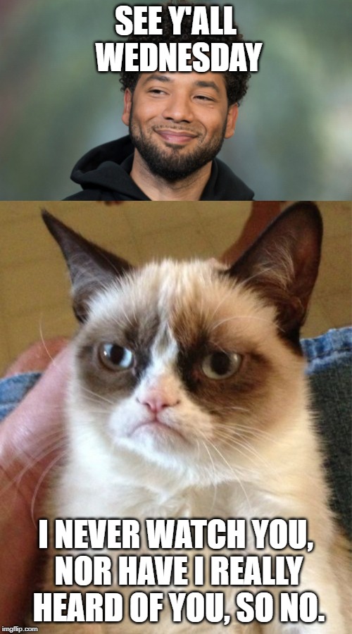 SEE Y'ALL WEDNESDAY I NEVER WATCH YOU, NOR HAVE I REALLY HEARD OF YOU, SO NO. | image tagged in memes,grumpy cat,jussie smollett | made w/ Imgflip meme maker