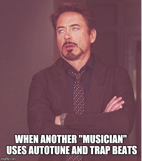 Face You Make Robert Downey Jr Meme | WHEN ANOTHER "MUSICIAN" USES AUTOTUNE AND TRAP BEATS | image tagged in memes,face you make robert downey jr | made w/ Imgflip meme maker