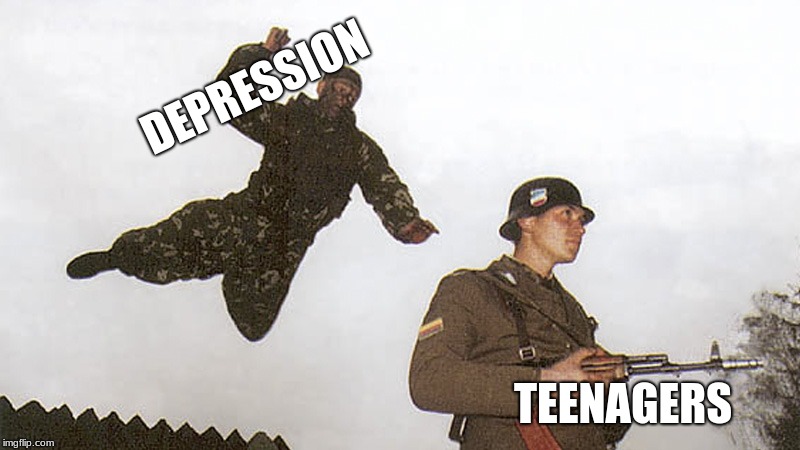 Soldier jump spetznaz | DEPRESSION; TEENAGERS | image tagged in soldier jump spetznaz | made w/ Imgflip meme maker
