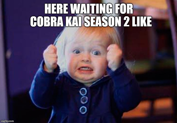 I'm so excited | HERE WAITING FOR 
COBRA KAI SEASON 2 LIKE | image tagged in i'm so excited | made w/ Imgflip meme maker