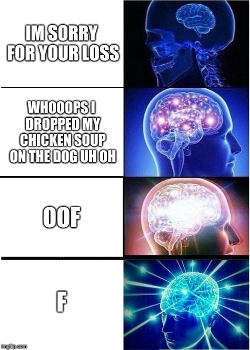 Expanding Brain | IM SORRY FOR YOUR LOSS; WHOOOPS I DROPPED MY CHICKEN SOUP ON THE DOG UH OH; OOF; F | image tagged in memes,expanding brain | made w/ Imgflip meme maker