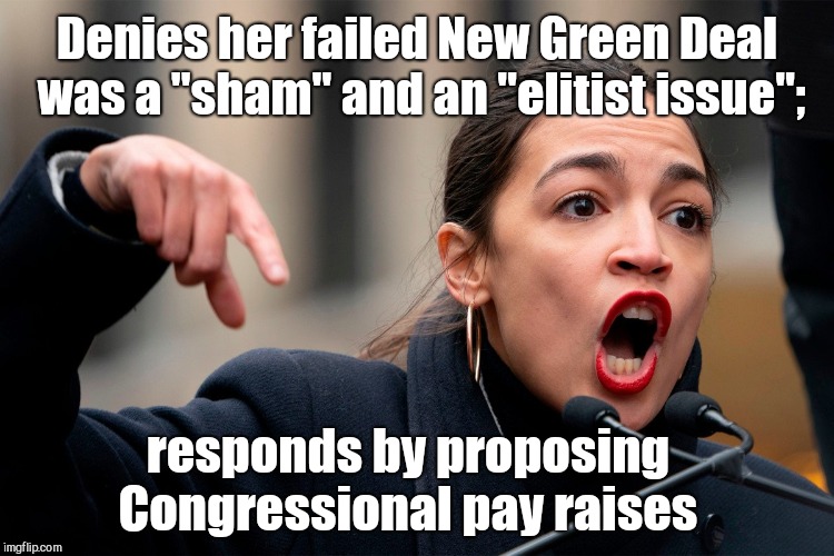 Denies her failed New Green Deal was a "sham" and an "elitist issue";; responds by proposing Congressional pay raises | image tagged in ocasio-cortez on priorities,epic fail,greed,aoc,deluded | made w/ Imgflip meme maker