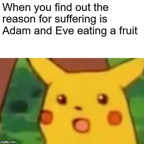 Surprised Pikachu Meme | When you find out the reason for suffering is Adam and Eve eating a fruit | image tagged in memes,surprised pikachu | made w/ Imgflip meme maker