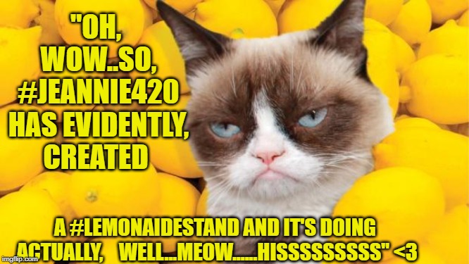 Grumpy Cat lemons | "OH, WOW..SO, #JEANNIE420 HAS EVIDENTLY, CREATED; A #LEMONAIDESTAND AND IT'S DOING ACTUALLY,  
 WELL...MEOW......HISSSSSSSSS" <3 | image tagged in grumpy cat lemons | made w/ Imgflip meme maker