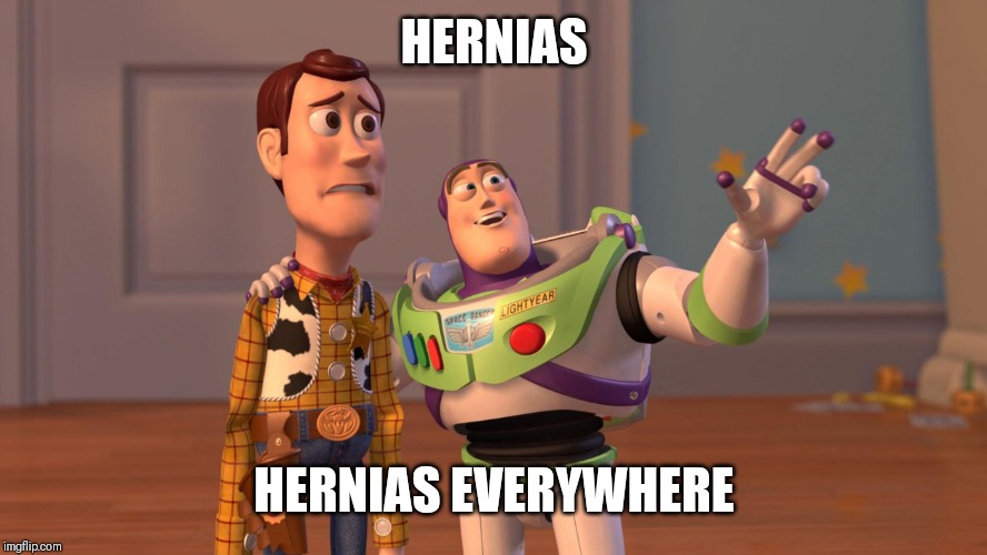 Woody and Buzz Lightyear Everywhere Widescreen | HERNIAS; HERNIAS EVERYWHERE | image tagged in woody and buzz lightyear everywhere widescreen | made w/ Imgflip meme maker