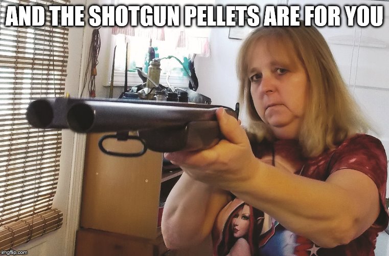 Woman with shot gun | AND THE SHOTGUN PELLETS ARE FOR YOU | image tagged in woman with shot gun | made w/ Imgflip meme maker