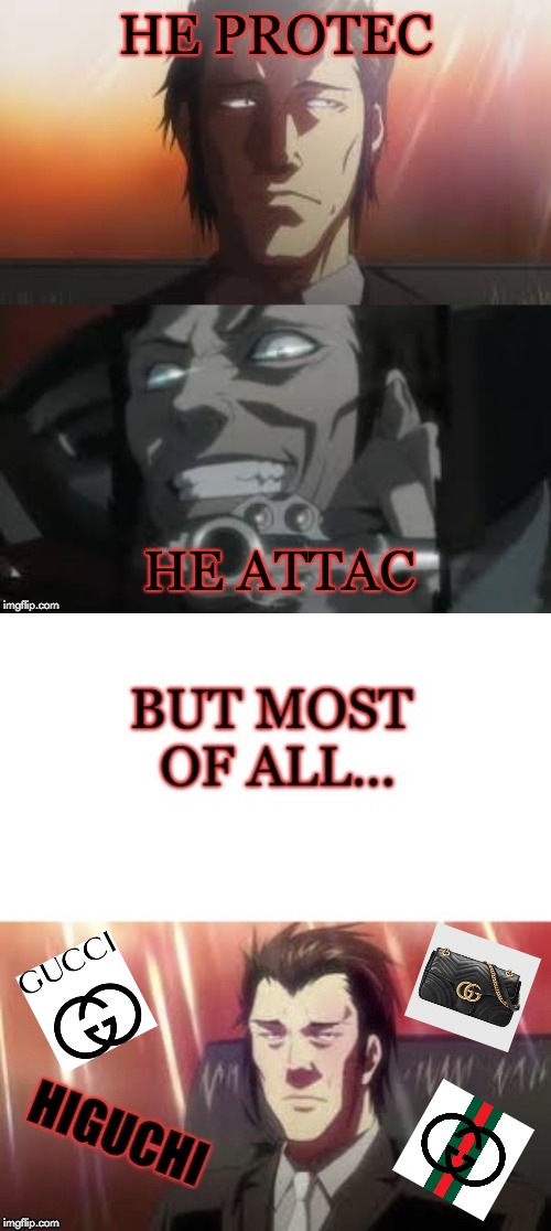 But most of all he Gucci | image tagged in memes,funny,death note,anime,he protec he attac but most importantly,gucci | made w/ Imgflip meme maker