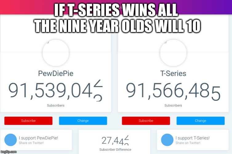 IF T-SERIES WINS ALL THE NINE YEAR OLDS WILL 10 | image tagged in potatoboy3000 | made w/ Imgflip meme maker