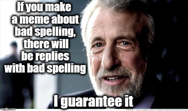 It's inevitable! LOL | If you make a meme about bad spelling,  there will be replies with bad spelling; I guarantee it | image tagged in i guarantee it | made w/ Imgflip meme maker