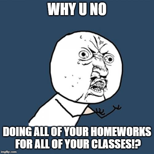 Y U No Meme | WHY U NO; DOING ALL OF YOUR HOMEWORKS FOR ALL OF YOUR CLASSES!? | image tagged in memes,y u no | made w/ Imgflip meme maker