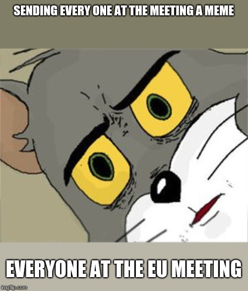 Unsettled Tom | SENDING EVERY ONE AT THE MEETING A MEME; EVERYONE AT THE EU MEETING | image tagged in unsettled tom | made w/ Imgflip meme maker