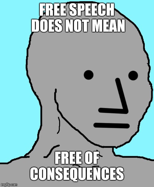 NPC | FREE SPEECH DOES NOT MEAN; FREE OF CONSEQUENCES | image tagged in memes,npc | made w/ Imgflip meme maker