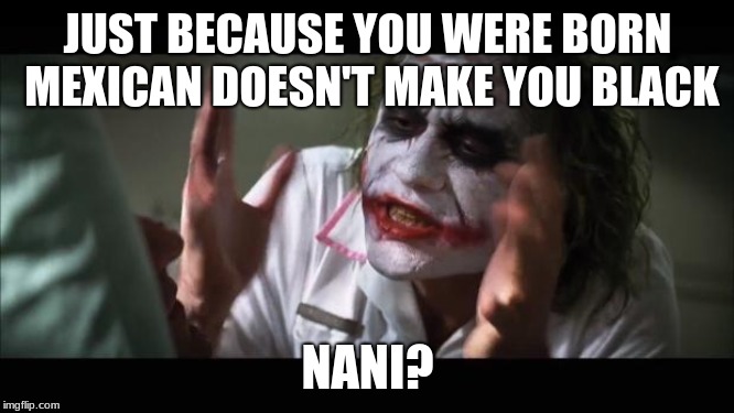 And everybody loses their minds Meme | JUST BECAUSE YOU WERE BORN MEXICAN DOESN'T MAKE YOU BLACK; NANI? | image tagged in memes,and everybody loses their minds | made w/ Imgflip meme maker