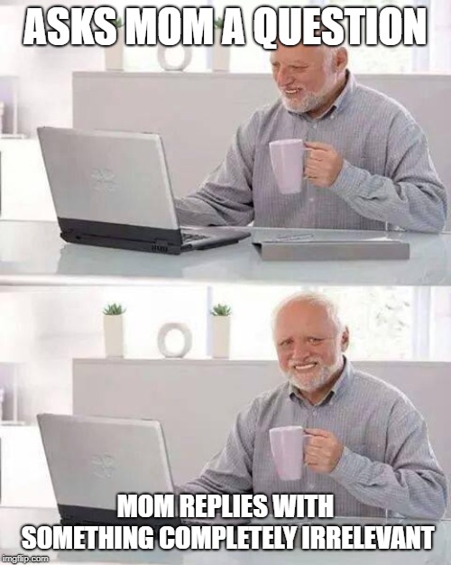 mom | ASKS MOM A QUESTION; MOM REPLIES WITH SOMETHING COMPLETELY IRRELEVANT | image tagged in memes,hide the pain harold,funny,fortnite,fortnite meme,roblox | made w/ Imgflip meme maker