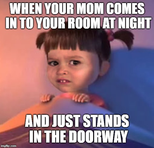 scared sally | WHEN YOUR MOM COMES IN TO YOUR ROOM AT NIGHT; AND JUST STANDS IN THE DOORWAY | image tagged in memes,funny,fortnite,fortnite meme,roblox,roblox meme | made w/ Imgflip meme maker