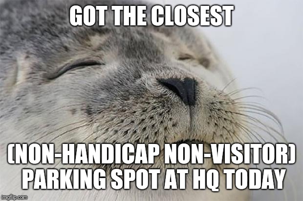 Satisfied Seal | GOT THE CLOSEST; (NON-HANDICAP NON-VISITOR) PARKING SPOT AT HQ TODAY | image tagged in memes,satisfied seal | made w/ Imgflip meme maker