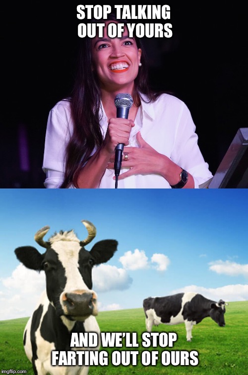 Revised Green New Deal | STOP TALKING OUT OF YOURS; AND WE’LL STOP FARTING OUT OF OURS | image tagged in aoc crazy,cow,fart,farts,aoc | made w/ Imgflip meme maker