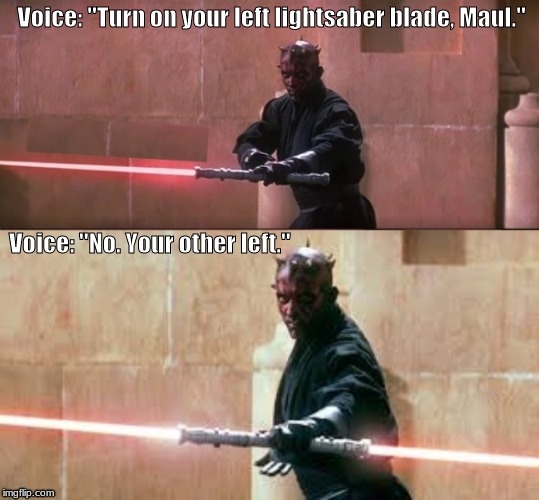 Voice: "Turn on your left lightsaber blade, Maul."; Voice: "No. Your other left." | image tagged in star wars,memes | made w/ Imgflip meme maker