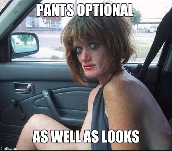 crack whore hooker | PANTS OPTIONAL AS WELL AS LOOKS | image tagged in crack whore hooker | made w/ Imgflip meme maker