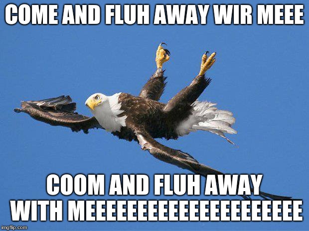 come and fly away with me | COME AND FLUH AWAY WIR MEEE; COOM AND FLUH AWAY WITH MEEEEEEEEEEEEEEEEEEEEE | image tagged in thefatrat,song,upside down eagle,oof | made w/ Imgflip meme maker