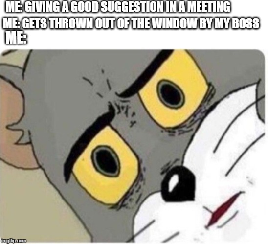 Tom and Jerry meme | ME: GIVING A GOOD SUGGESTION IN A MEETING; ME: GETS THROWN OUT OF THE WINDOW BY MY BOSS; ME: | image tagged in tom and jerry meme | made w/ Imgflip meme maker