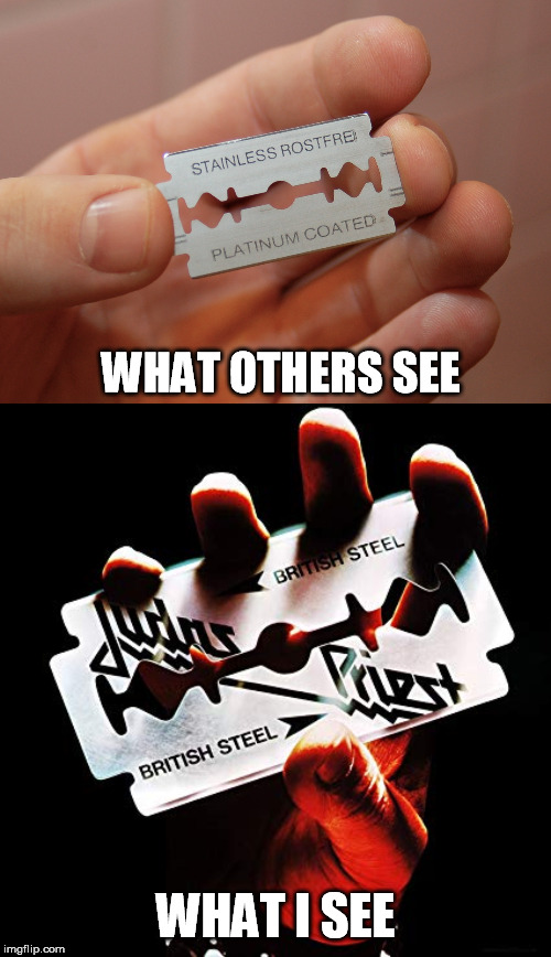 WHAT OTHERS SEE; WHAT I SEE | image tagged in judas priest,album,cover | made w/ Imgflip meme maker