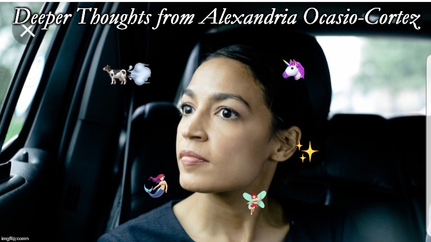 AOC | 🦄; 🐄💨; ✨; 🧜🏻‍♀️; 🧚🏻‍♀️ | image tagged in deeper thoughts from aoc,memes,aoc,politics | made w/ Imgflip meme maker