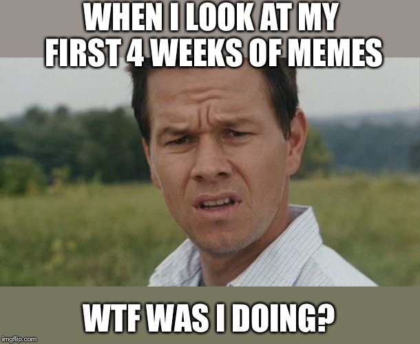 Mark Wahlburg confused | WHEN I LOOK AT MY FIRST 4 WEEKS OF MEMES WTF WAS I DOING? | image tagged in mark wahlburg confused | made w/ Imgflip meme maker
