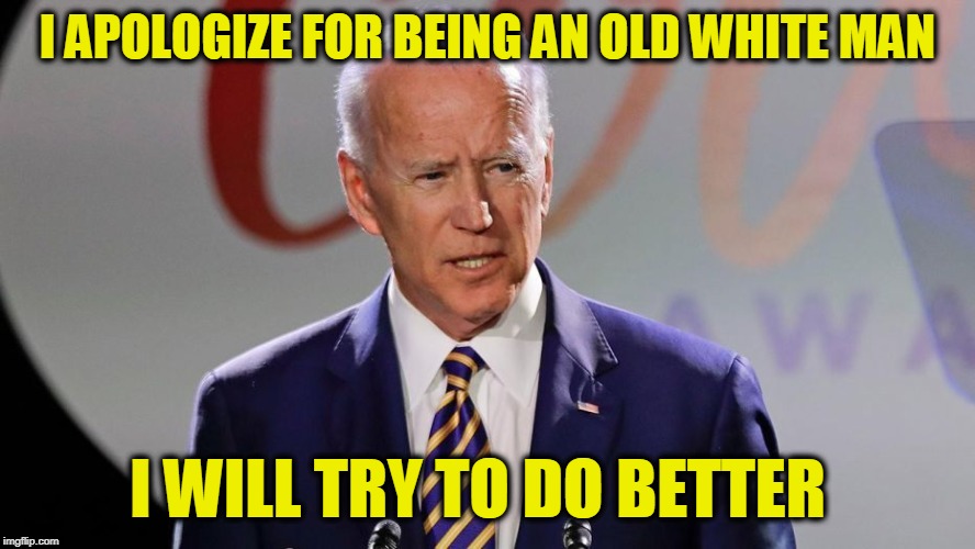 So Sorry | I APOLOGIZE FOR BEING AN OLD WHITE MAN; I WILL TRY TO DO BETTER | image tagged in joe biden,election 2020 | made w/ Imgflip meme maker