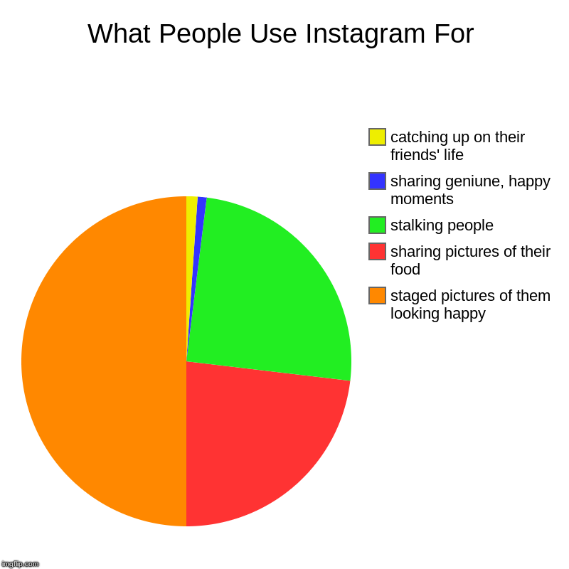 What People Use Instagram For | staged pictures of them looking happy, sharing pictures of their food, stalking people, sharing geniune, hap | image tagged in charts,pie charts | made w/ Imgflip chart maker