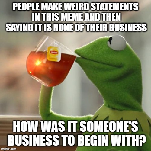 But That's None Of My Business Meme | PEOPLE MAKE WEIRD STATEMENTS IN THIS MEME AND THEN SAYING IT IS NONE OF THEIR BUSINESS; HOW WAS IT SOMEONE'S BUSINESS TO BEGIN WITH? | image tagged in memes,but thats none of my business,kermit the frog | made w/ Imgflip meme maker