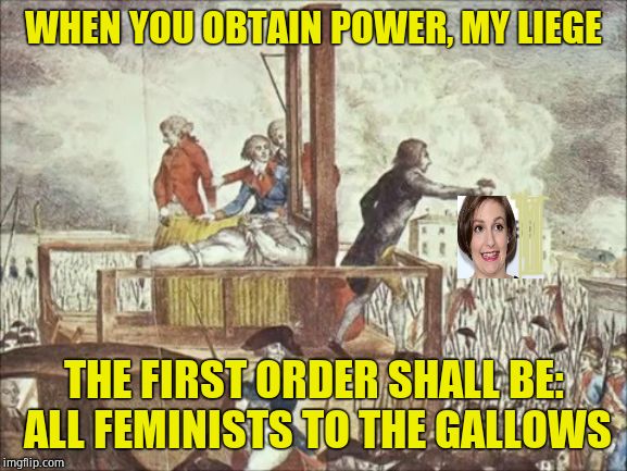 Guillotine | WHEN YOU OBTAIN POWER, MY LIEGE THE FIRST ORDER SHALL BE: ALL FEMINISTS TO THE GALLOWS | image tagged in guillotine | made w/ Imgflip meme maker