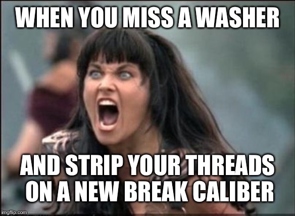 Yep, that one time that'll make you never forget again | WHEN YOU MISS A WASHER; AND STRIP YOUR THREADS ON A NEW BREAK CALIBER | image tagged in angry xena | made w/ Imgflip meme maker