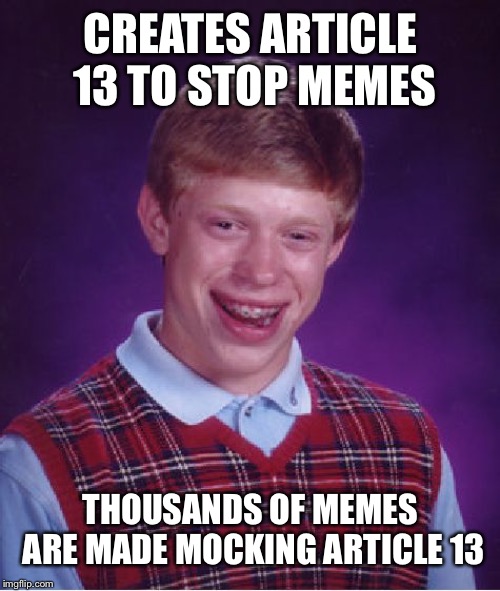 Bad Luck Brian Meme | CREATES ARTICLE 13 TO STOP MEMES THOUSANDS OF MEMES ARE MADE MOCKING ARTICLE 13 | image tagged in memes,bad luck brian | made w/ Imgflip meme maker