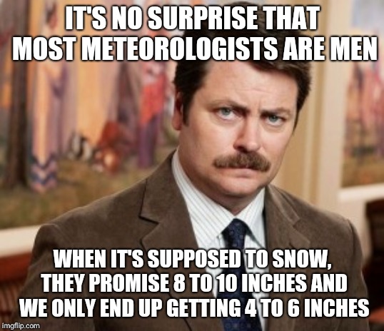 men are meteorologists | IT'S NO SURPRISE THAT MOST METEOROLOGISTS ARE MEN; WHEN IT'S SUPPOSED TO SNOW, THEY PROMISE 8 TO 10 INCHES AND WE ONLY END UP GETTING 4 TO 6 INCHES | image tagged in ron swanson | made w/ Imgflip meme maker