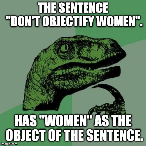 Philosoraptor | THE SENTENCE "DON'T OBJECTIFY WOMEN". HAS "WOMEN" AS THE OBJECT OF THE SENTENCE. | image tagged in memes,philosoraptor | made w/ Imgflip meme maker