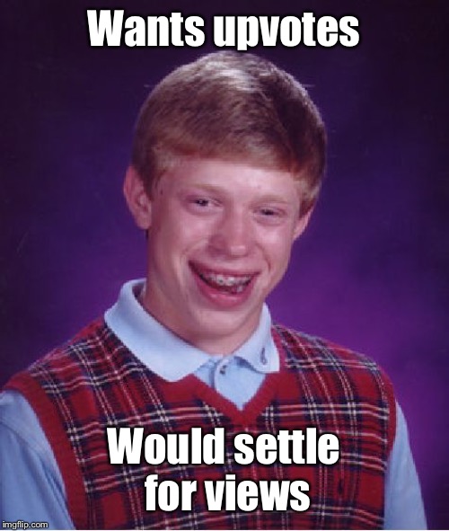 Bad Luck Brian Meme | Wants upvotes Would settle for views | image tagged in memes,bad luck brian | made w/ Imgflip meme maker